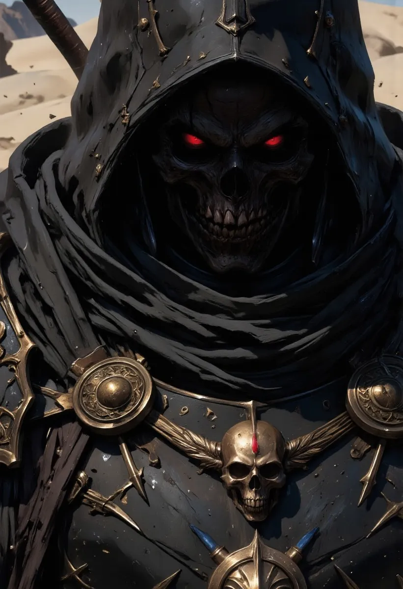 Close-up of a hooded skeleton gunslinger with red glowing eyes wearing dark detailed armor adorned with skull emblems and gold ornaments, set against a desert background.