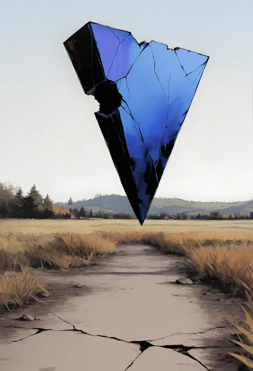 A large broken blue monolith with cracks floats above a cracked dirt path surrounded by dry grass fields under sunlight with hills and trees in the background.