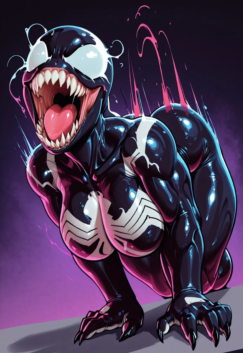 Dynamic illustration of She-Venom crouching with glossy black and white suit, sharp teeth bared, claws extended, and a smug expression