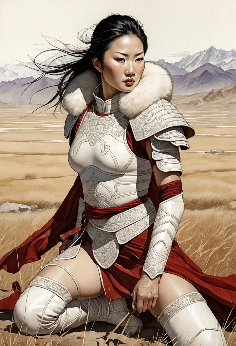 Highly detailed Mongolian warrior princess wearing white leather armour with fur collar kneeling in red cloth, set against vast Mongolian fields and mountains