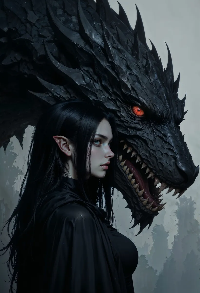 A pale-skinned elf woman with long black hair and pointed ears stands beside a large black dragon with glowing red eyes and sharp teeth, set against a foggy landscape.