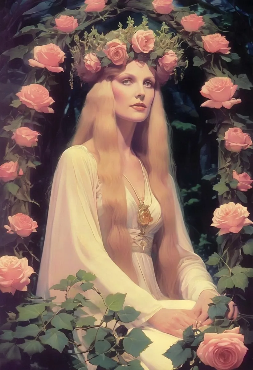 A regal May Queen with long blonde hair sits wearing a crown of pink roses and ivy, surrounded by blooming roses, styled like a grainy old 80's VHS dark fantasy footage.