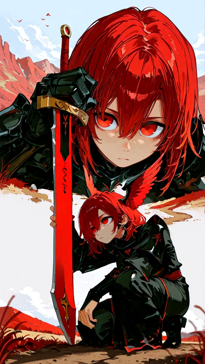 A red-haired girl in black shiny armor with a winged helmet kneeling on a dirt road holding an oversized red sword, set in a mountainous medieval field with a blurry foreground.