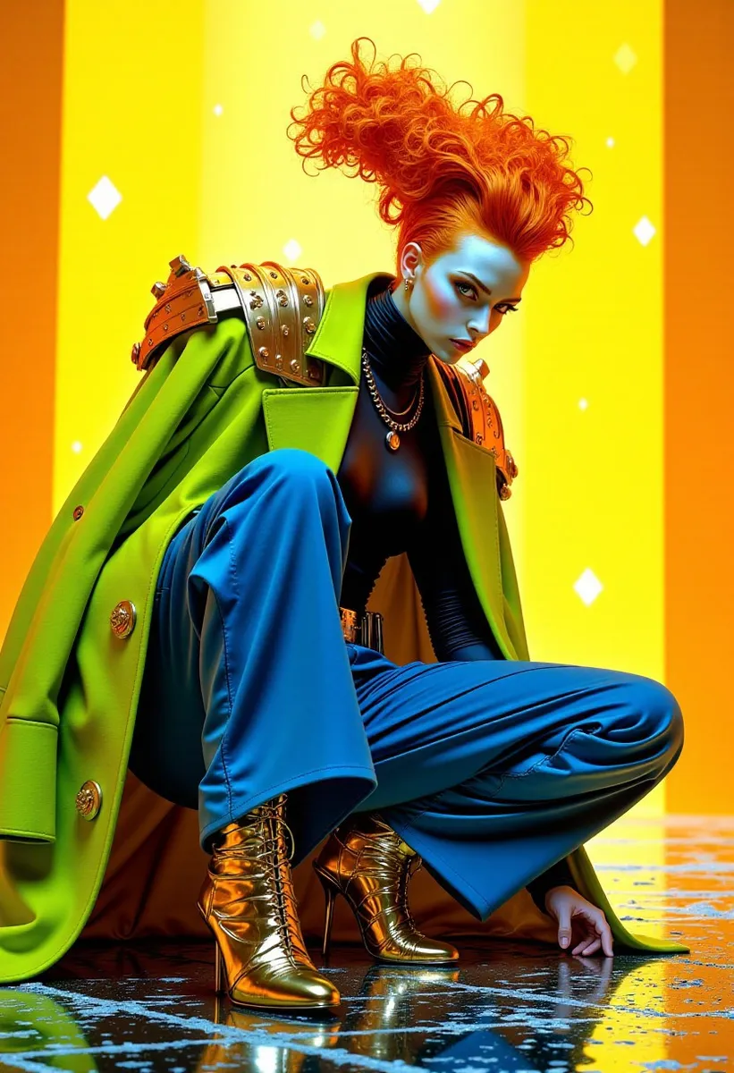 A hyper-realistic image of a woman with vibrant orange hair styled in wild spikes, wearing a chartreuse green coat with gold shoulder accents, cobalt blue flared trousers, and gold metallic high-heeled boots, squatting on a reflective chrome-spiked floor with pulsating yellow and orange diamond gradients in the background.