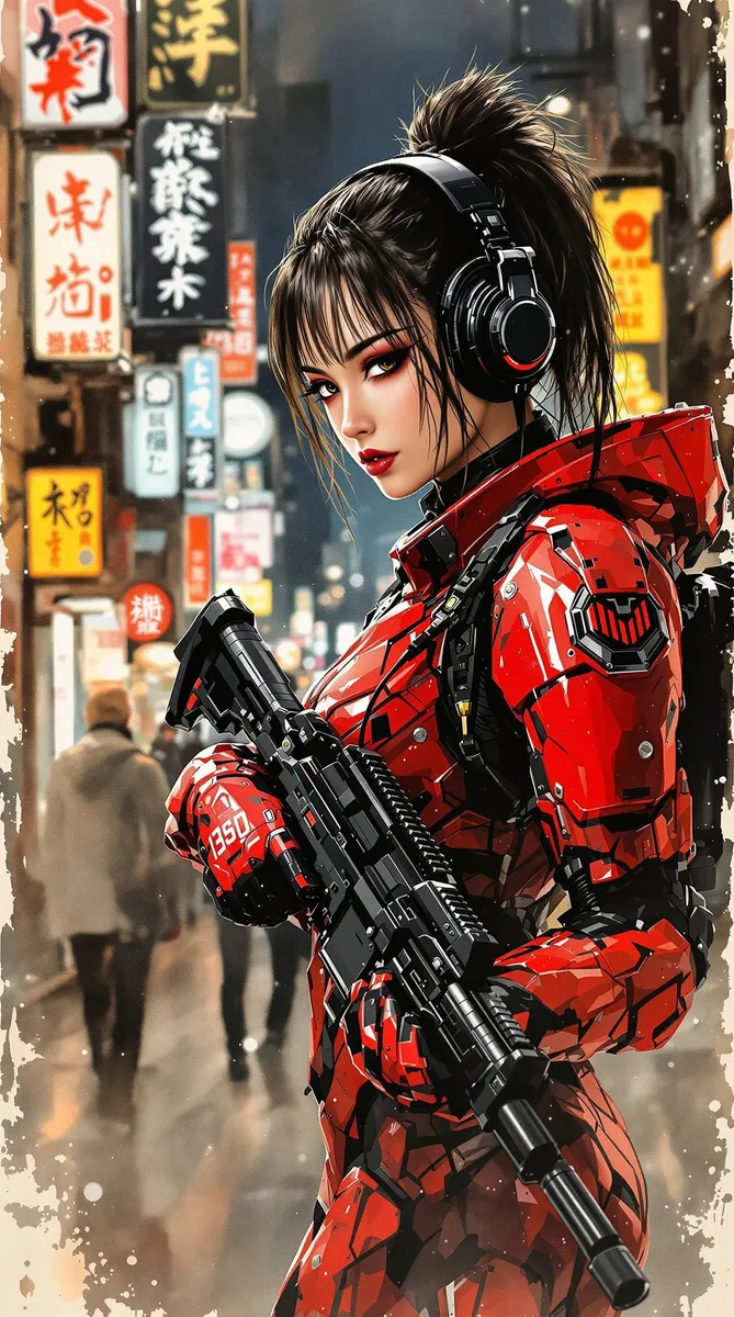 Japanese woman wearing red and black sci-fi power armour holding an assault rifle, with headphones and dark eyeshadow, standing on a neon-lit cyberpunk street at night.