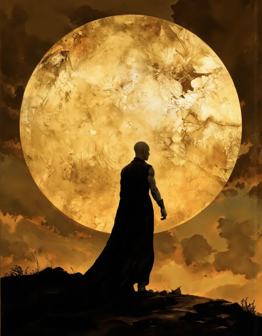 Silhouette of a bald humanoid figure wearing a long dark robe standing on a hill, facing a large textured golden circle with dramatic lighting in a fantasy art style.