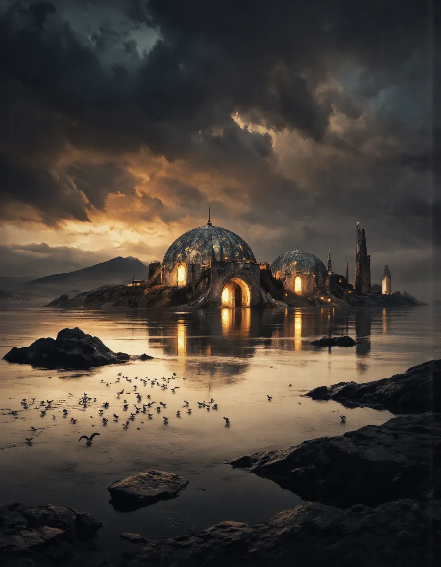 A surreal landscape featuring large domed stone buildings with glowing windows, situated in calm reflective water under a dramatic stormy sky, with seagulls flying nearby.