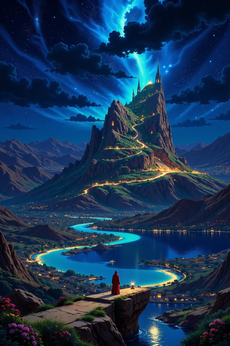 A luminous night fantasy landscape featuring a winding glowing path up a mountain with castle spires, illuminated river bends, a starry sky, and a woman in red standing on a stone outcrop.