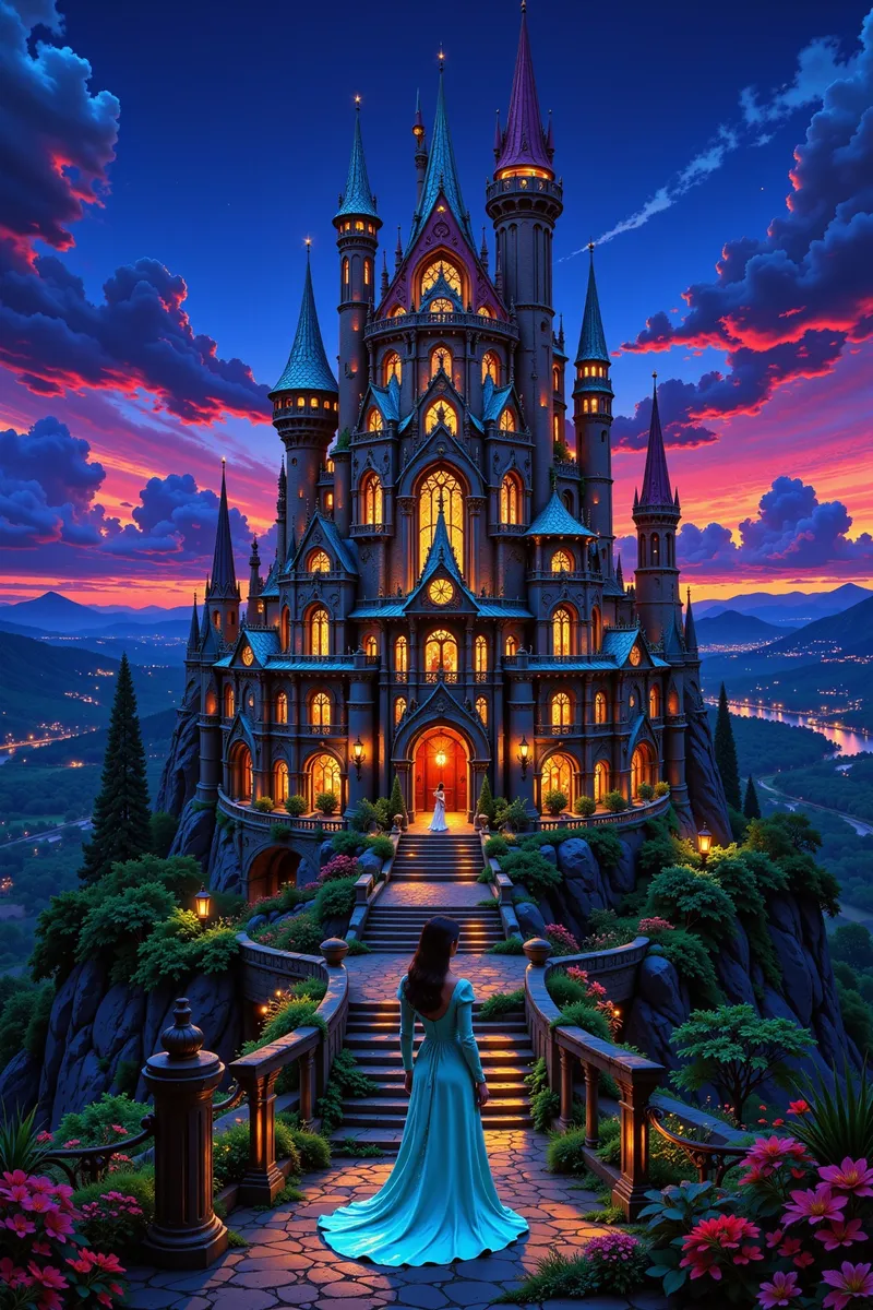 A beautifully illuminated castle with intricate architecture set against a colorful evening sky, featuring a woman in a blue gown walking on a stone pathway surrounded by vibrant flowers and lush greenery.