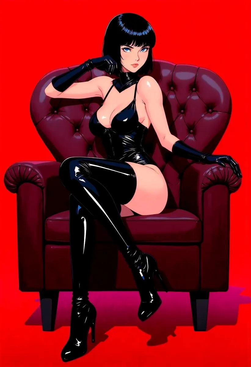 A woman with a blunt bangs hime cut wearing shiny black latex thighhighs, gloves, high heels, and a black latex bodysuit sitting on a burgundy leather chair against a vivid red background.