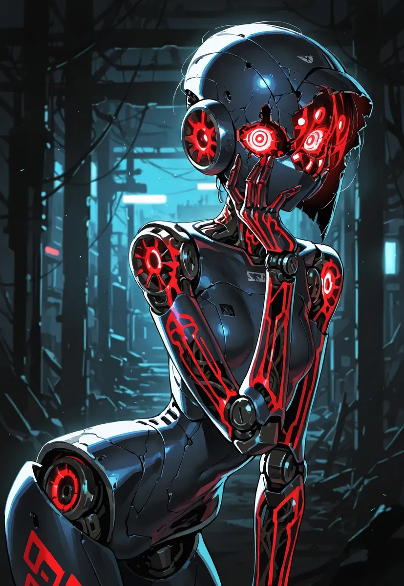 Close-up side view of a broken robot girl with a metal body and glowing red details, featuring a wide inhuman head and tomboy hair in a dark urban environment.