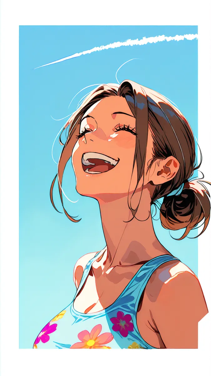 Portrait of a mature woman with brown hair in a wide ponytail, laughing joyfully against a clear blue sky with a visible contrail, wearing a colorful floral print school swimsuit.