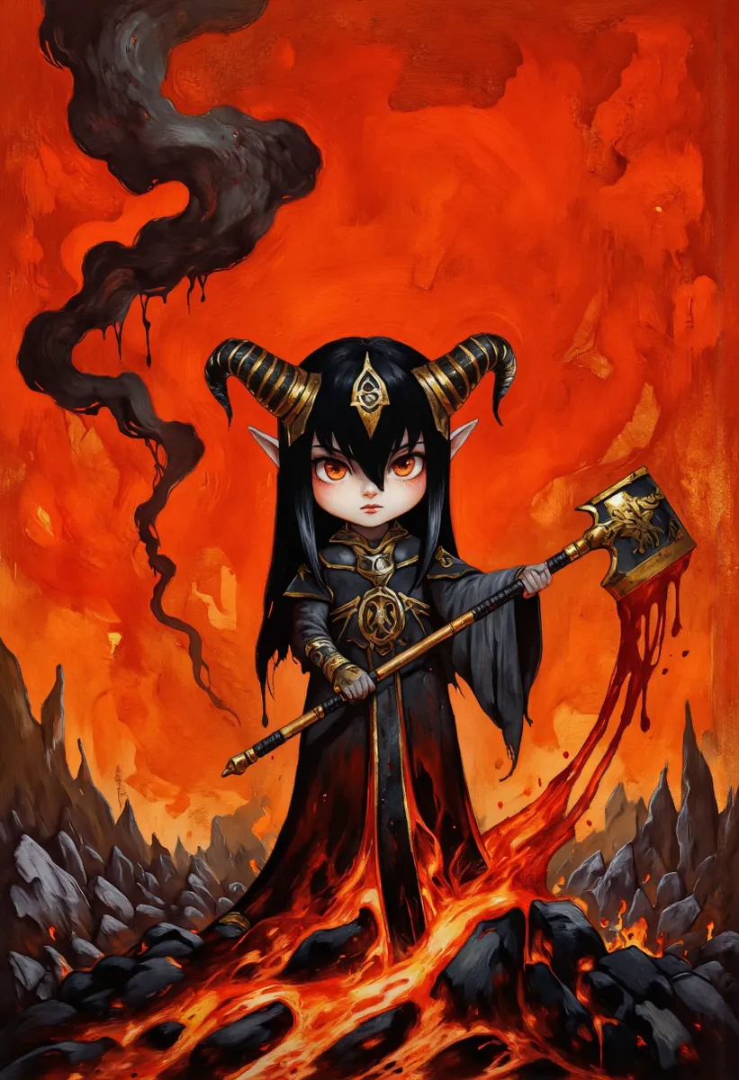 A chibi demon general with black hair and golden horns stands on a charred battlefield with lava flowing around her, holding a blood-dripping oversized axe against a blood-orange sky with black thunderclouds.