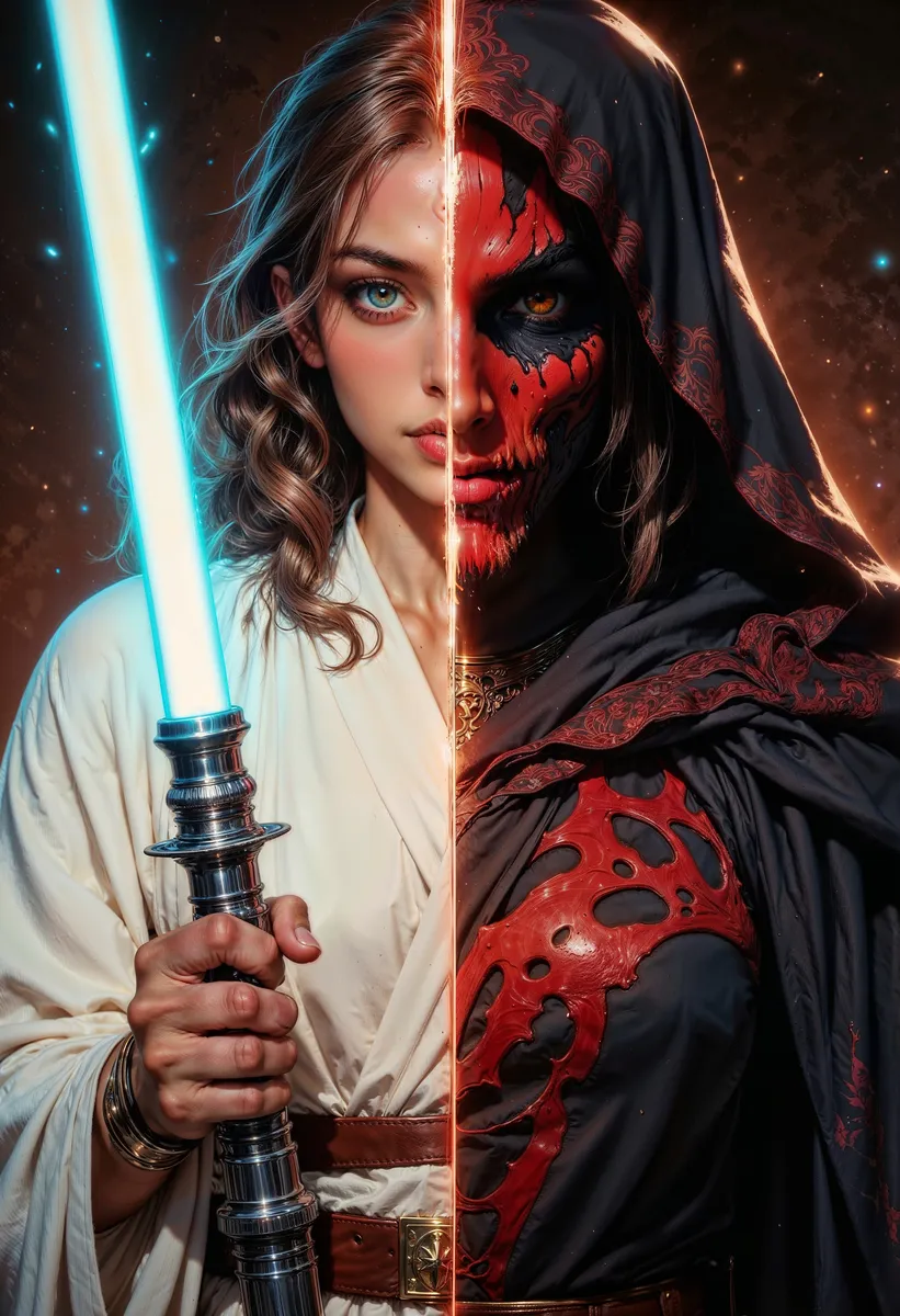 Dramatically lit split image of a young female Force wielder, left side as a noble Jedi in white robes holding a blue lightsaber, right side as a dark Sith with red face paint and black robes holding a red lightsaber.