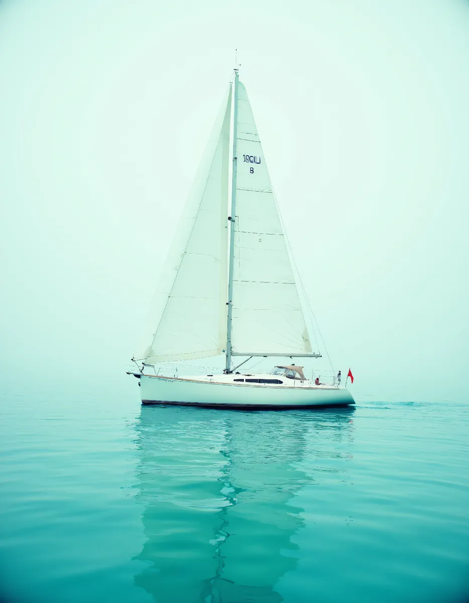 A minimalist white sailboat with a single sail glides calmly on turquoise water, captured in soft diffused lighting with pastel colors and a serene, cinematic atmosphere.