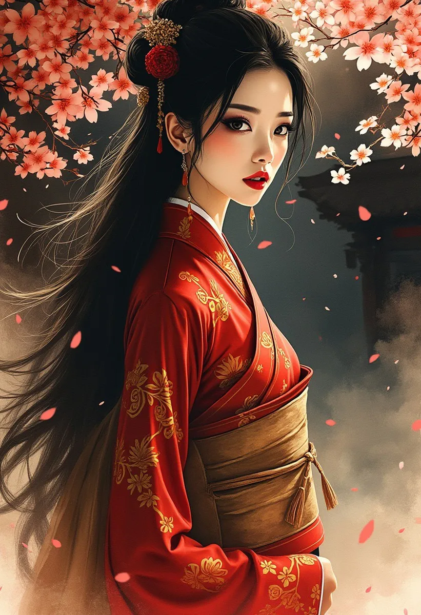 Portrait of a Japanese woman with long flowing hair in a red and gold embroidered cheongsam, surrounded by falling sakura petals against a dark background near a shrine.