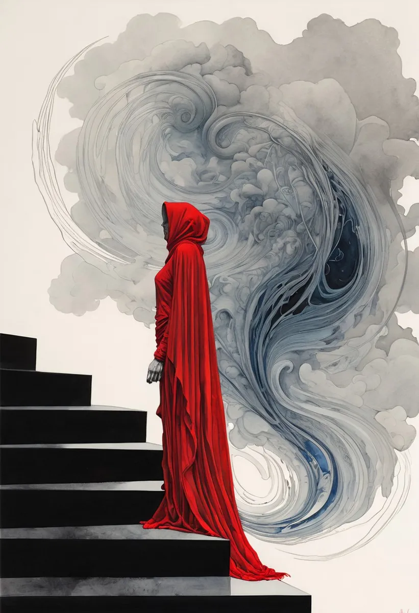 A mysterious figure draped in a vibrant red shawl stands on black stairs with delicate line art swirling smoke in the background.