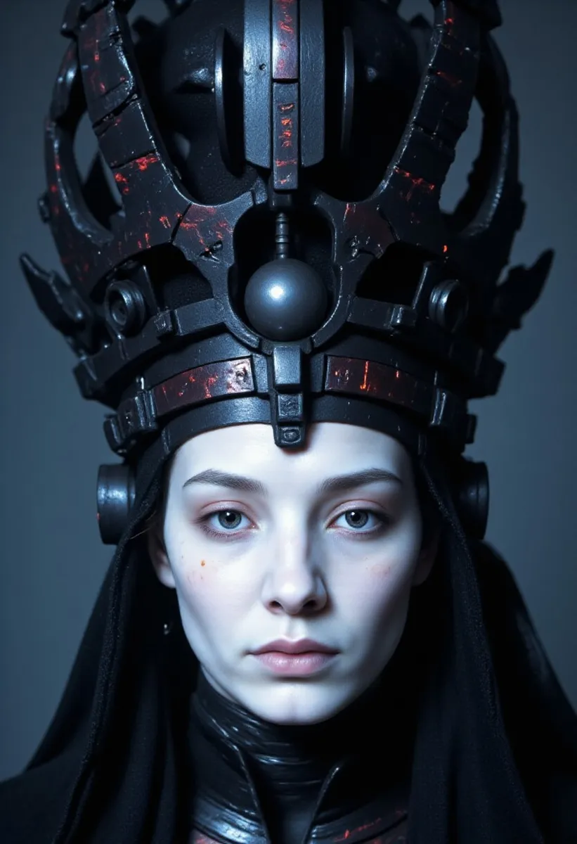 A hyper-realistic close-up portrait of a cybernetic Egyptian goddess with pale marble-like skin and a dark biomechanical crown adorned with glowing red fissures and ghostly glyphs.