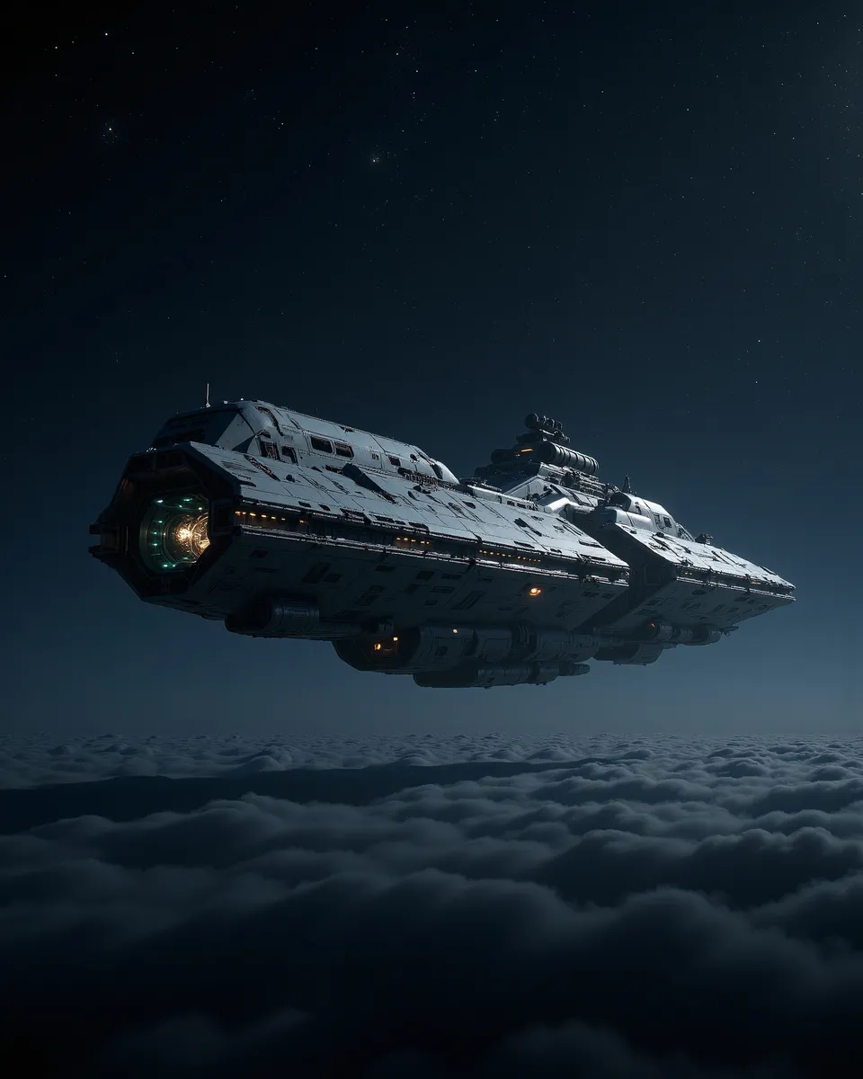A solitary deep space exploration ship hanging suspended above a layer of thick clouds under cold starlight with its engines glowing faintly.