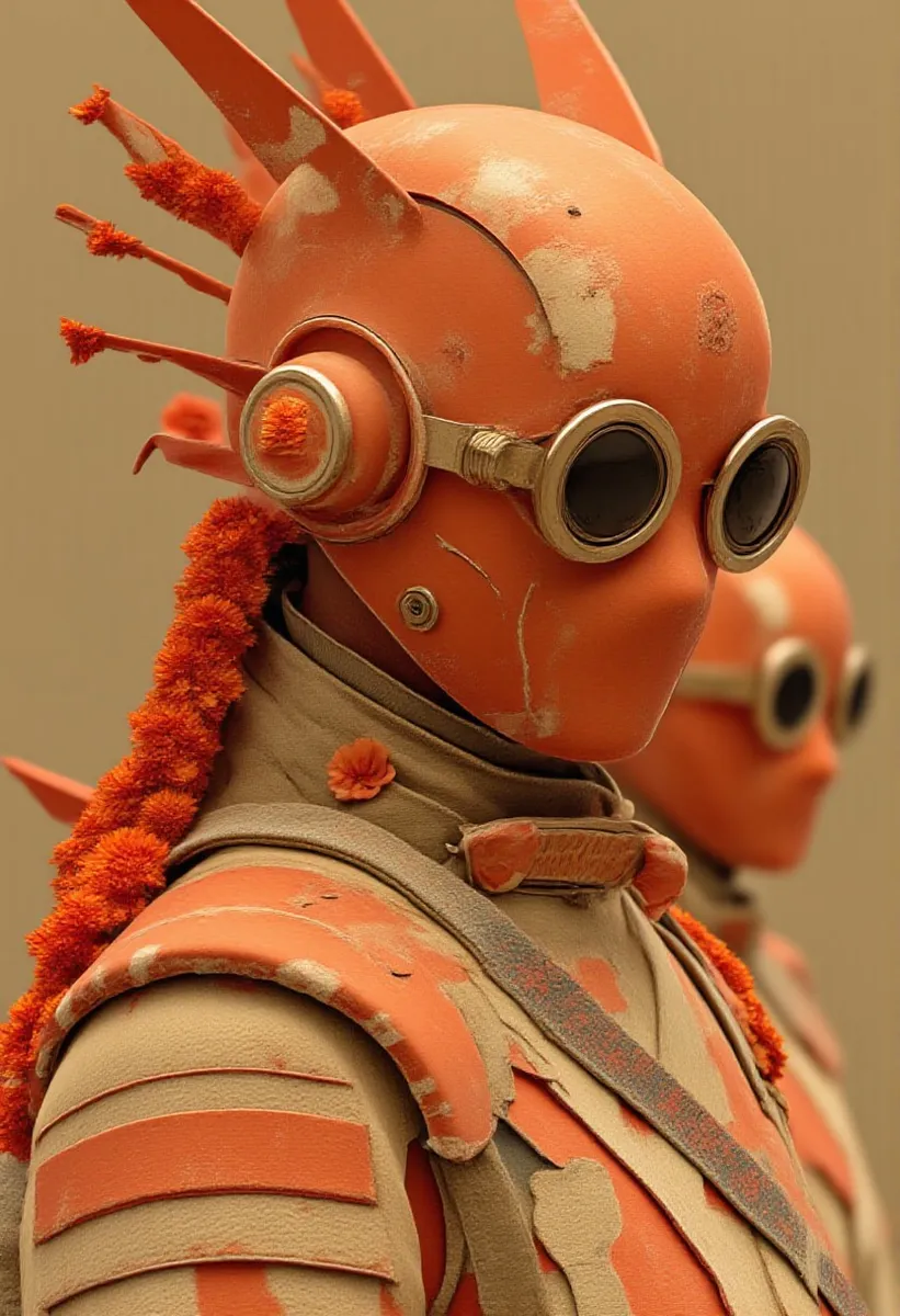 Detailed CGI character wearing a worn orange helmet with round goggles, orange textured hair accessories, and scavenged armor showing signs of wear and tear.