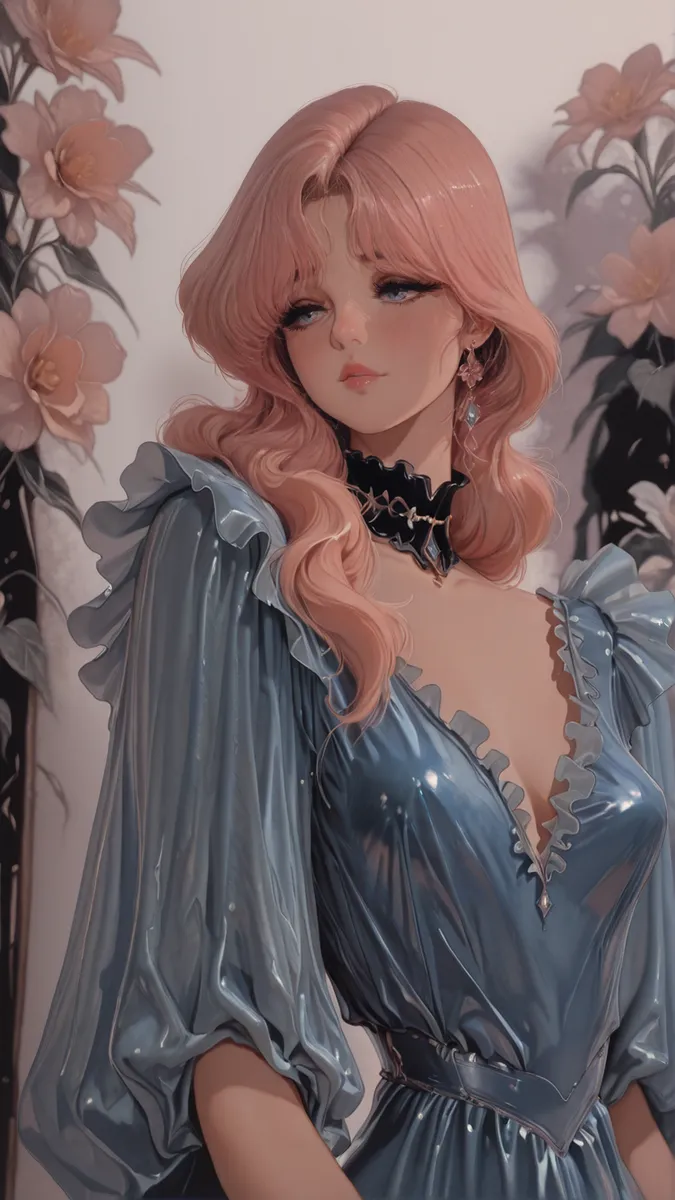 Portrait of a mature female with pink hair styled wide over her shoulder, wearing a shiny blue latex dress with frilly cutouts and a V-neck, against a soft floral background.