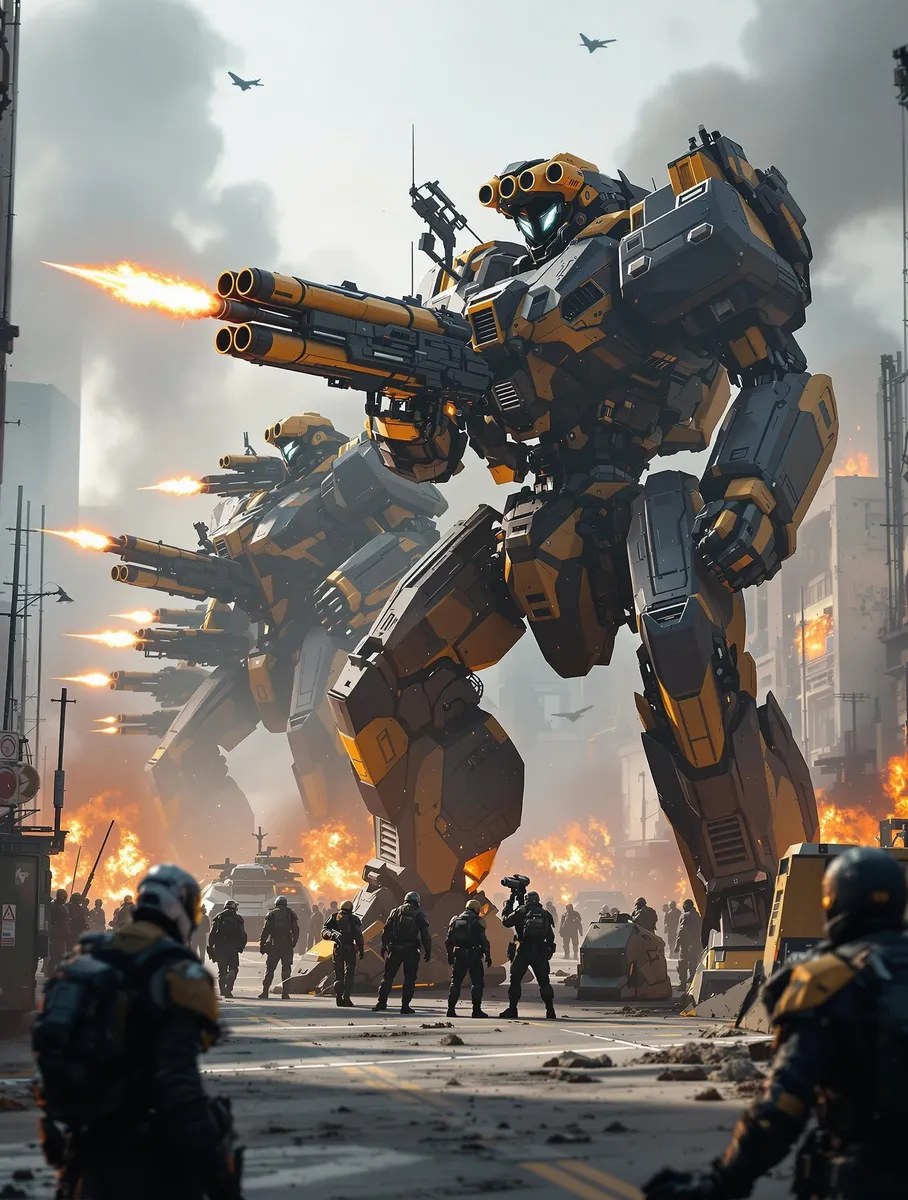 Giant black and yellow mechas firing rocket launchers in a smoke-filled futuristic city street, surrounded by soldiers in sci-fi body armor amidst explosions and military vehicles.