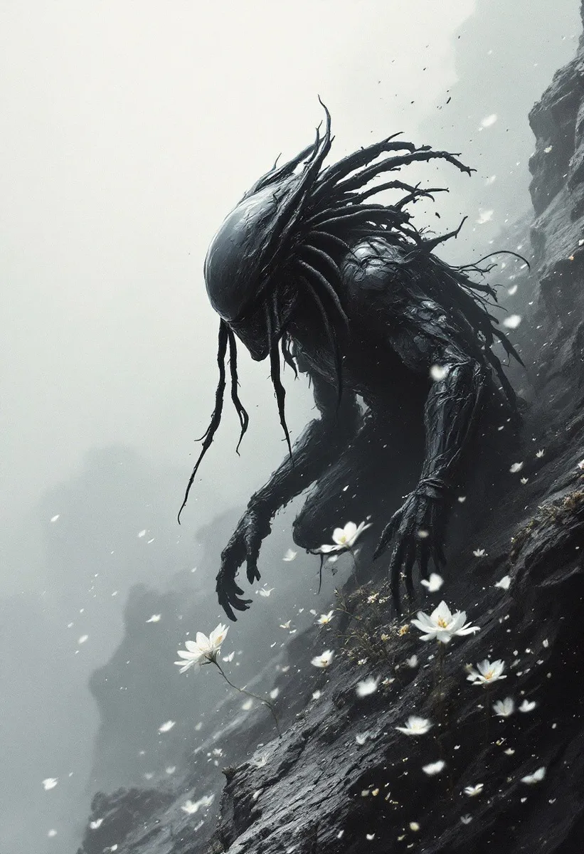 A biopunk-inspired figure resembling a Predator with obsidian black skin in a dynamic crouching pose on a dark rocky slope, surrounded by delicate white flowers and illuminated by soft, natural volumetric cinematic light.