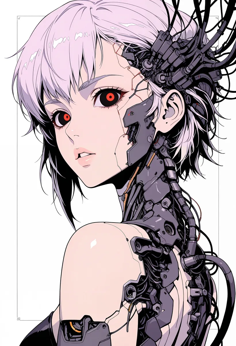 Closeup anime-style portrait of a cyborg girl with pink hair and red eyes, showing intricate mechanical components and segments on her face and neck.