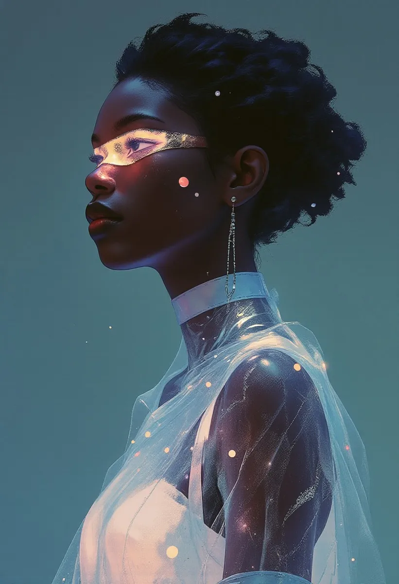 Stylized minimalist portrait of a dark-skinned person with a glowing transparent veil across the face and shoulders, set against a muted background with cinematic lighting.