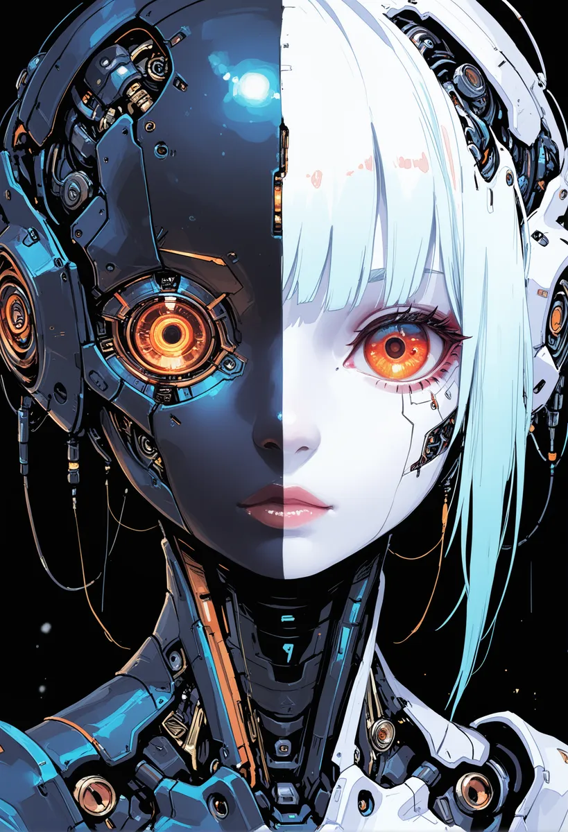 Close-up portrait of a cyberpunk android featuring a split face with one half robotic and dark, the other half pale with white hair and orange eyes, detailed mechanical parts and watercolor effect.