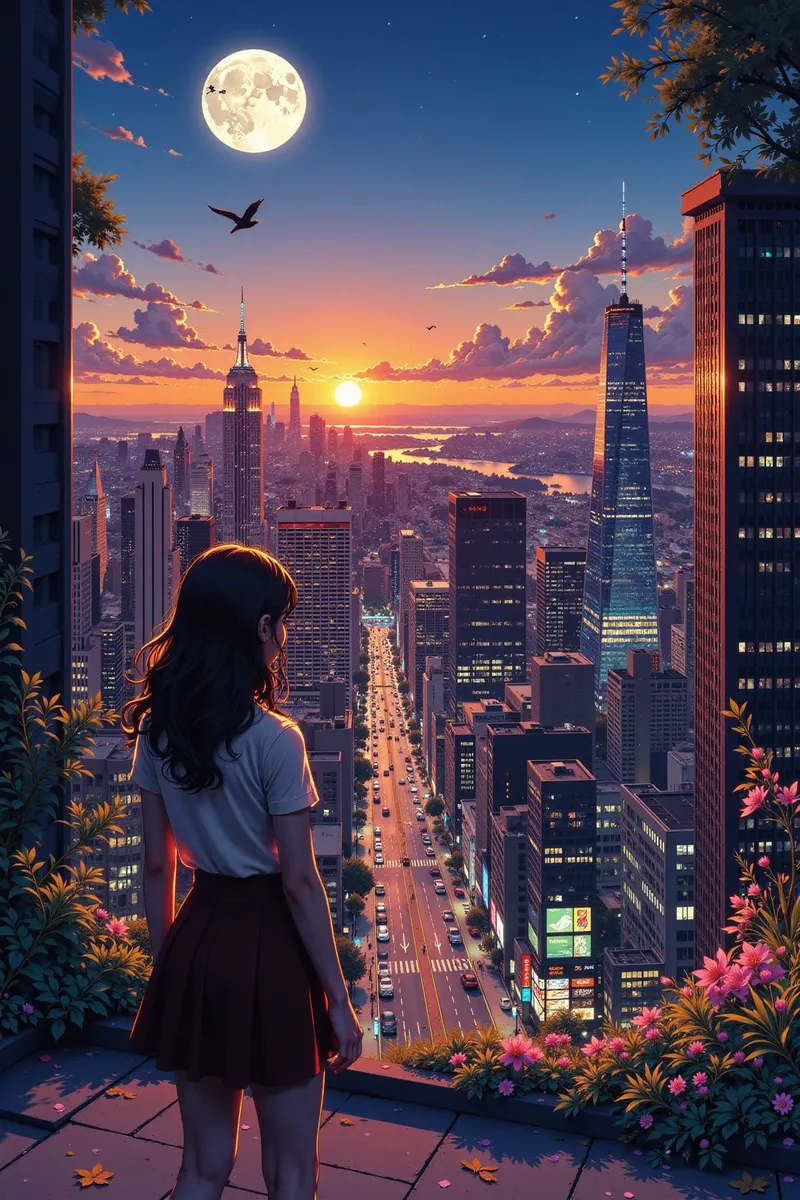 A woman in a short skirt and white shirt stands on a rooftop garden overlooking a highly detailed and colorful 1970s cityscape at dusk with a vivid sunset and bright full moon.
