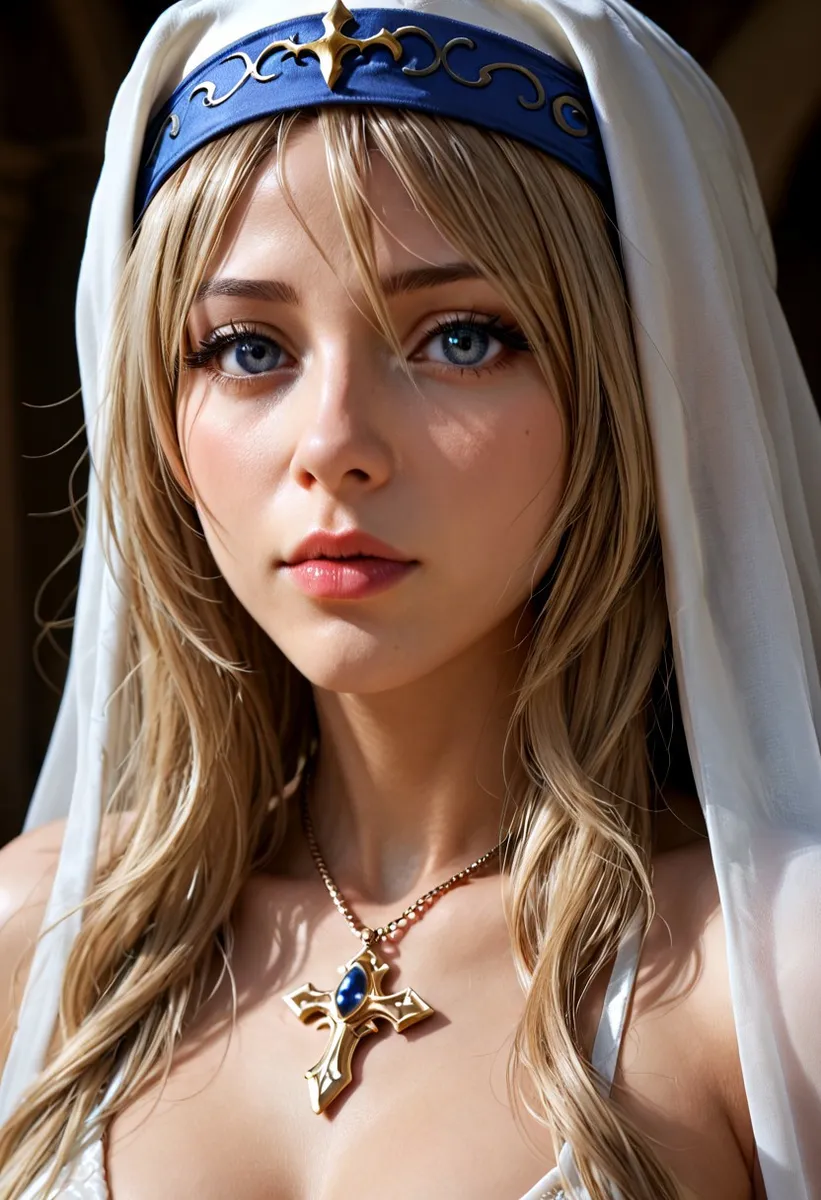 Close-up detailed portrait of Sword Maiden from Goblin Slayer with a subtle flirty expression, striking blue eyes, a blue and gold headpiece, and a gold cross necklace with a blue gem.