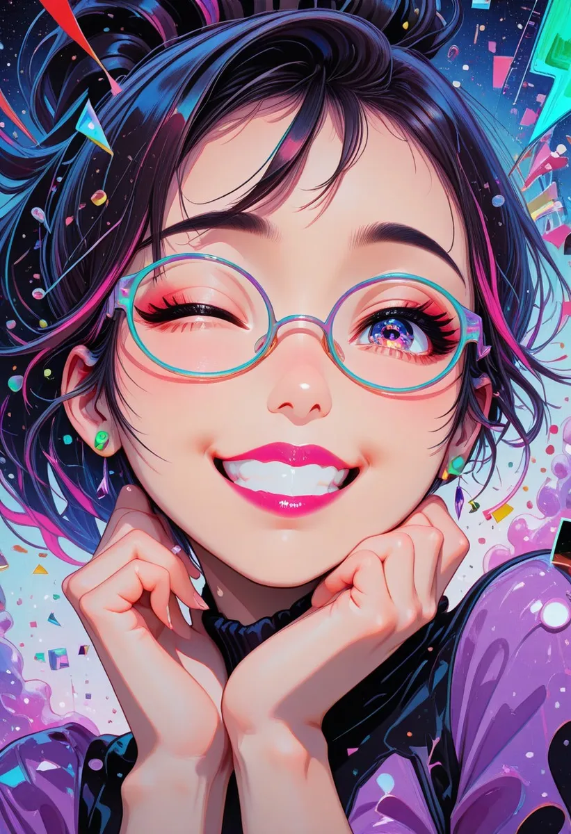 Close-up vibrant neon artwork of a girl with short dark hair and glasses winking and smiling with a colorful glitch art background