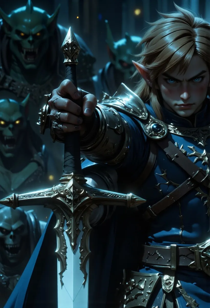 Close-up of Link holding the Master Sword in a battle-ready stance, surrounded by eerie green goblins emerging from fog with dark cinematic lighting.