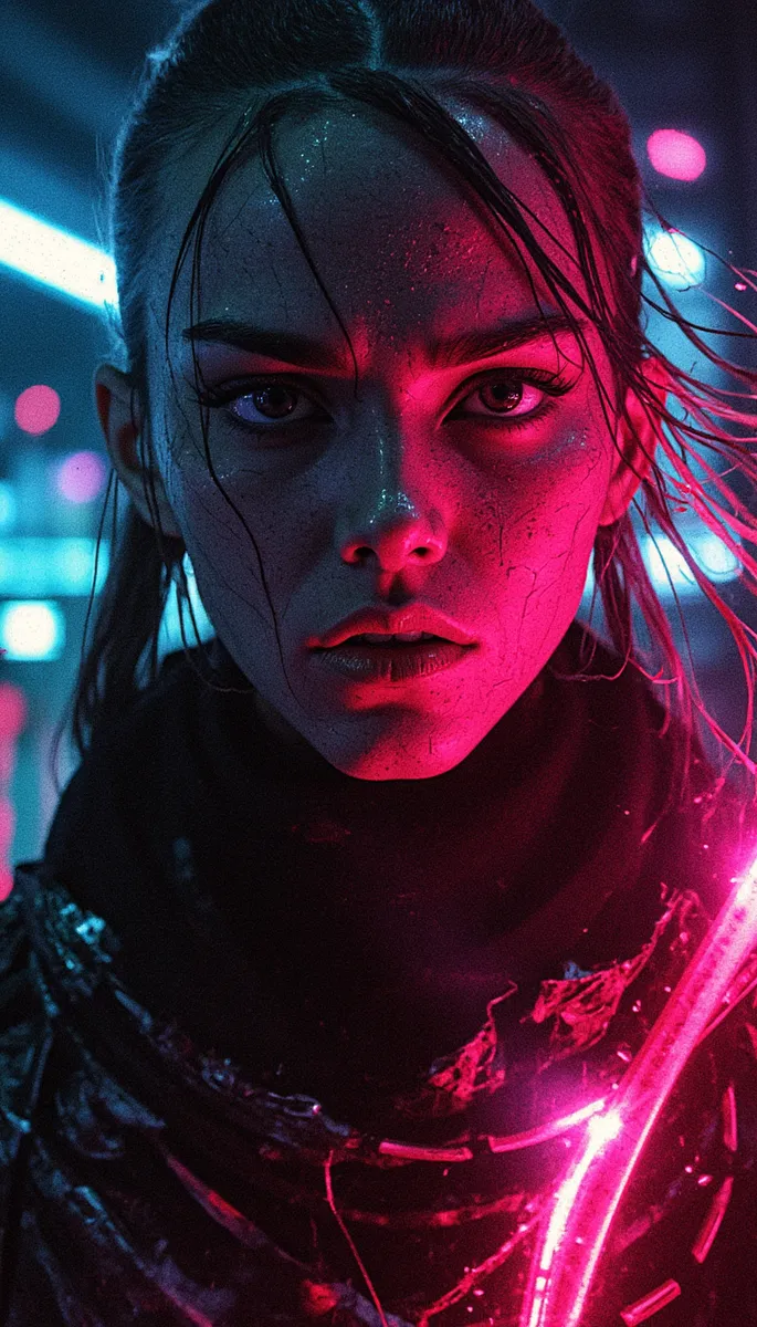 Close-up portrait of a female with wet hair illuminated by cinematic pink and blue neon lighting, detailed with realistic wet skin texture and dark atmospheric background.