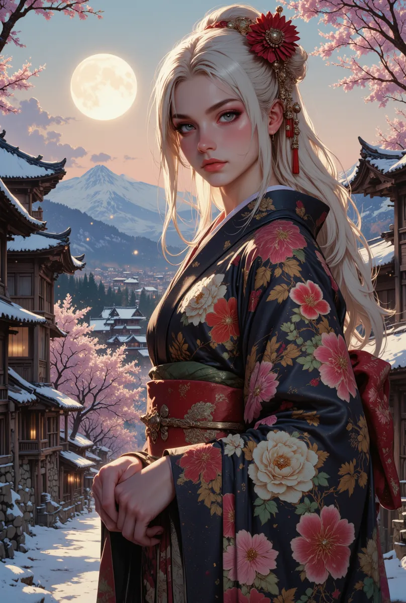 황혼의 고대 일본 마을에서 벚꽃과 눈, 성을 배경으로 복잡한 꽃무늬 기모노를 입고 금발 머리와 파란 눈을 가진 여성 게이샤의 클로즈업 디지털 아트워크