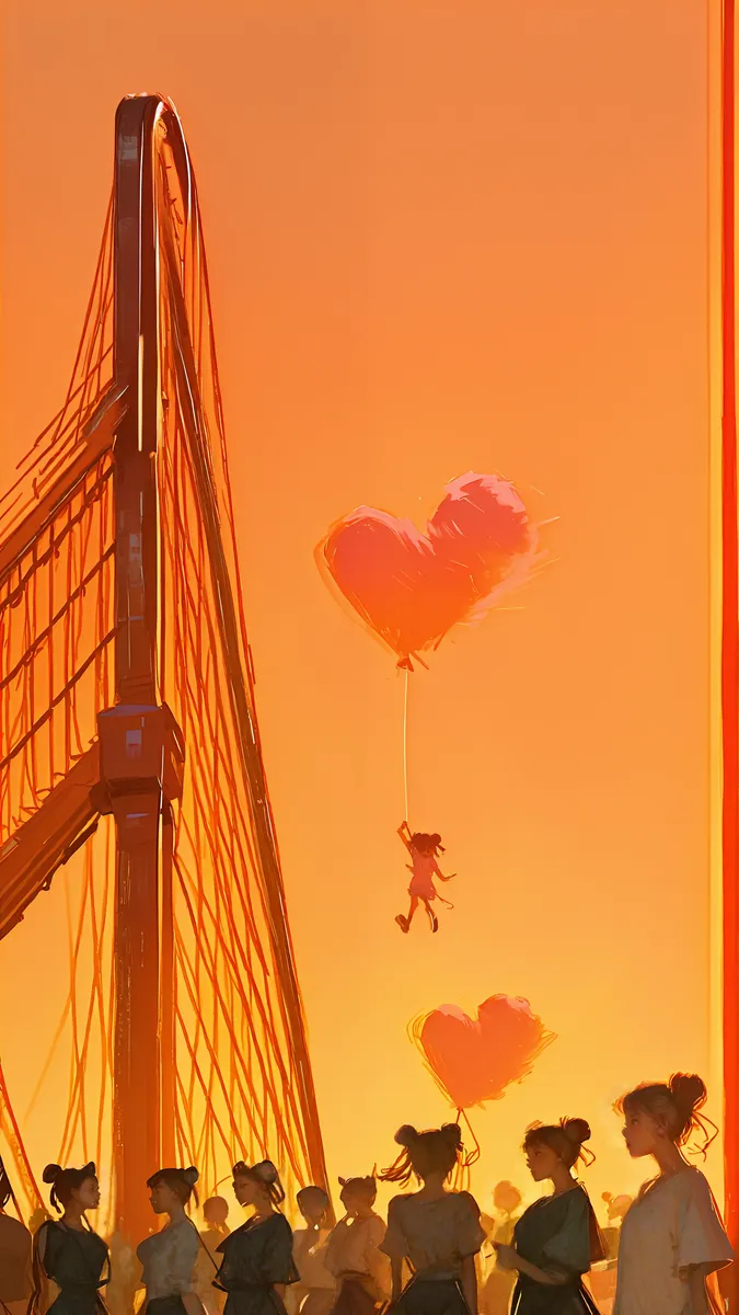 A vibrant orange sunset background with a large bridge on the left and a group of girls with double buns standing below. One girl is flying while holding a big heart-shaped balloon.