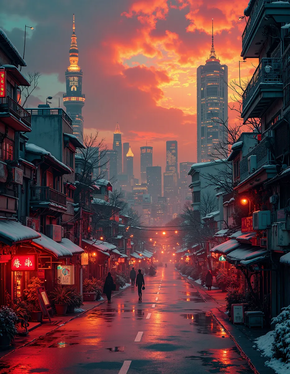 Winter urban street scene in Taipei with snow-covered buildings, neon lights glowing red and beige, wet reflective road, and a dramatic crimson sunset sky.
