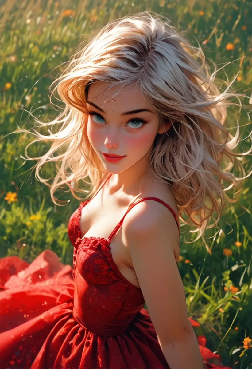 A blonde girl wearing a red lace lingerie dress in a sunlit flower field, looking seductively up at the camera.