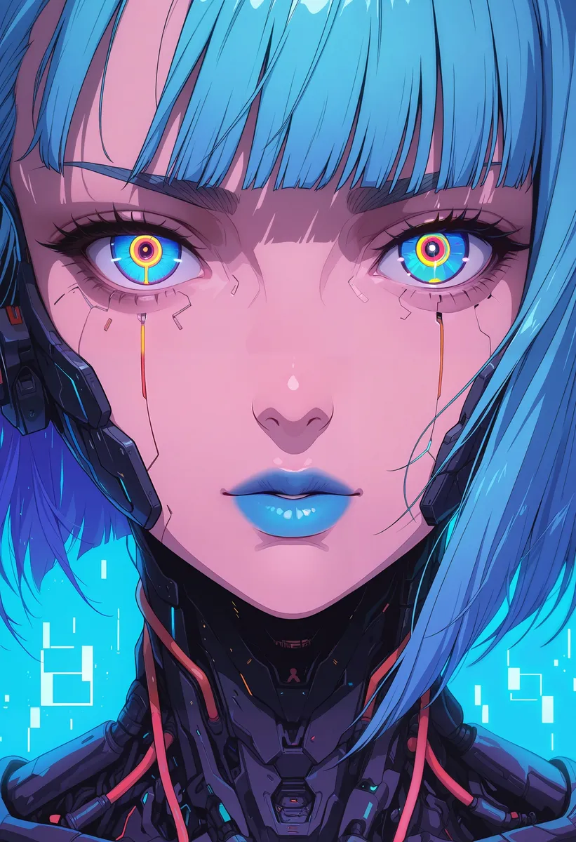 Extreme closeup portrait of a cyborg girl with blue hair and glowing neon eyes, featuring segmented face plates and cyberpunk aesthetic.