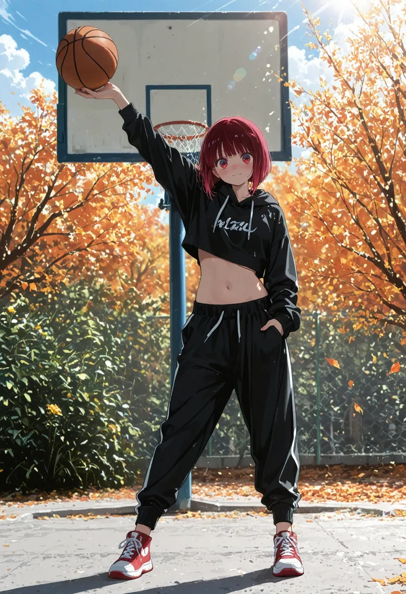 Anime girl with red bob cut and gradient red eyes wearing black sportswear holding a basketball on an outdoor court with autumn leaves and sunlight.