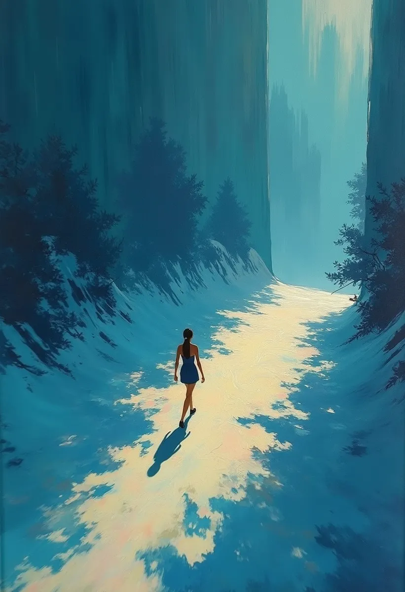 An Impressionist-style painting showing a solitary woman walking on a sunlit path surrounded by shadowy blue cliffs and trees, with rich depth and minimalist background.