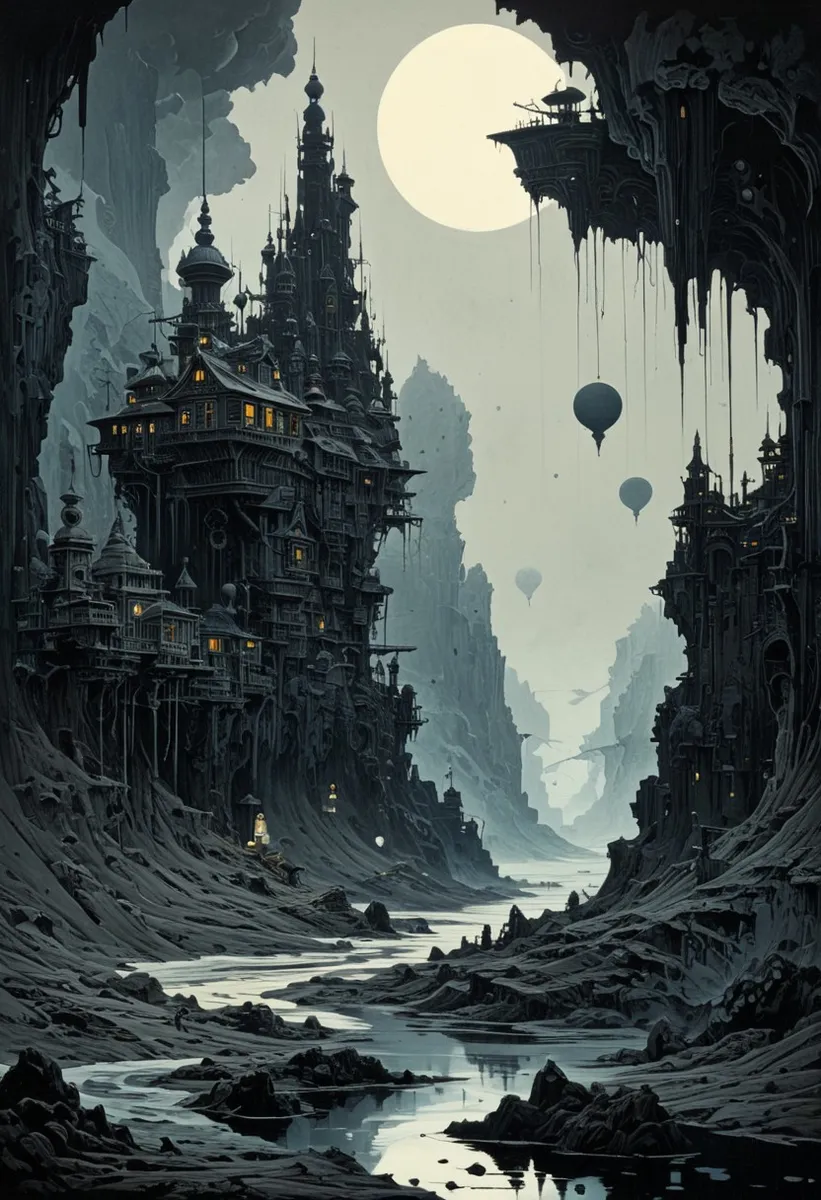 A breathtaking otherworldly landscape featuring intricate dark buildings built into rocky cliffs, a reflective winding river, hot air balloons floating under a large pale moon, depicted in a surrealist mystic woodcut style with dramatic lighting and a limited dark color palette.