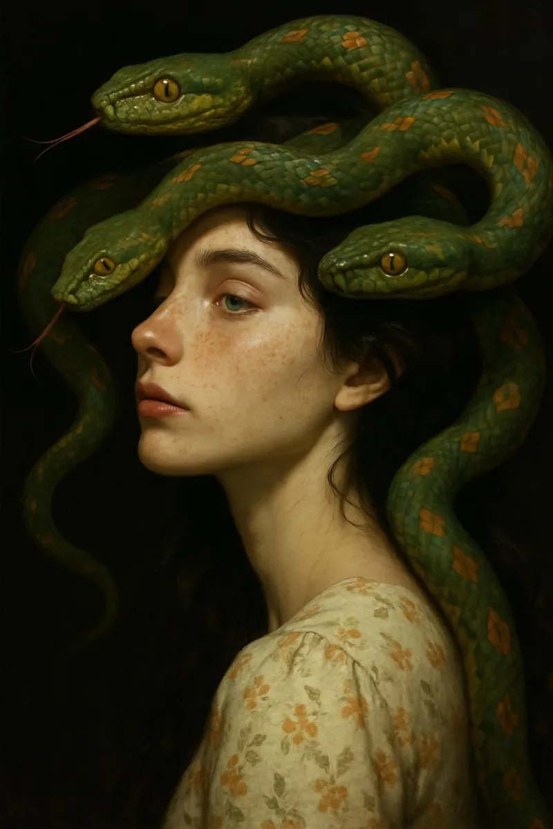 Close-up side view of a young woman with fair skin and freckles, wearing a floral dress, with three green snakes coiled around her dark hair against a dark background.