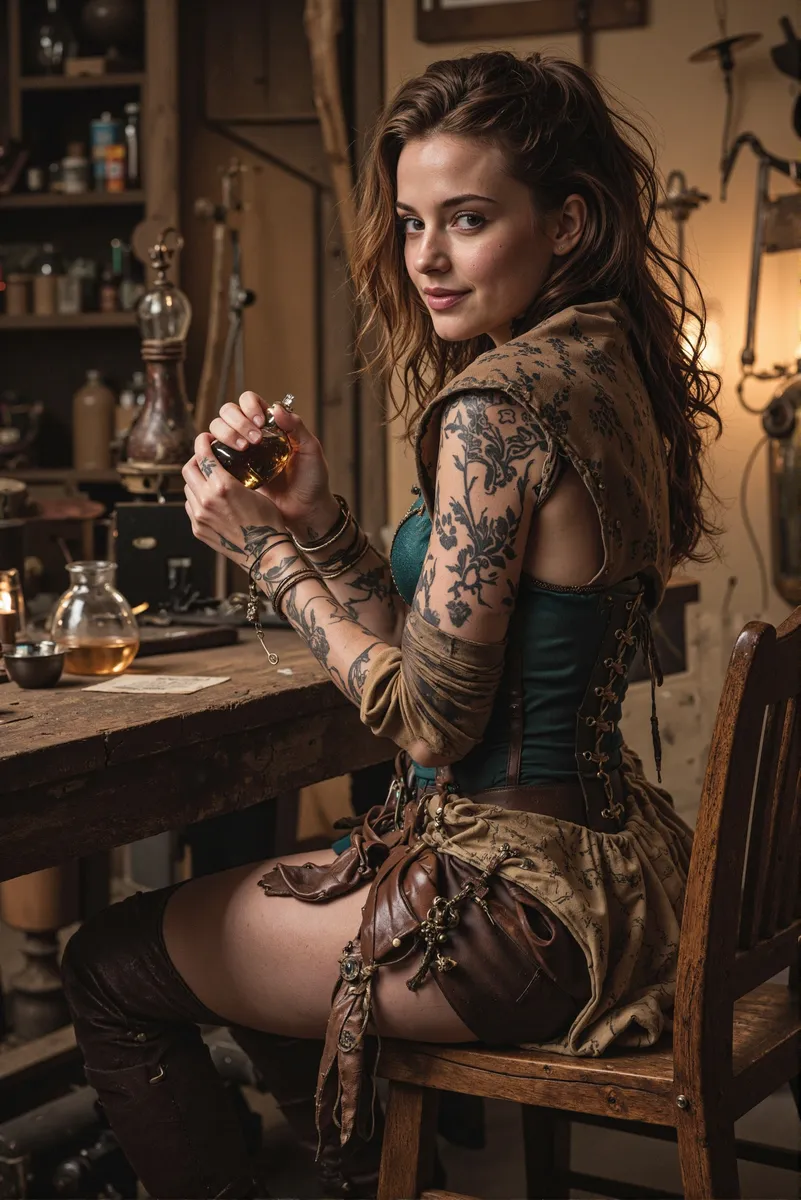 Young female alchemist in a vintage leather corset with tattooed arms, holding a potion vial in a rustic, dimly lit laboratory with film grain effect.