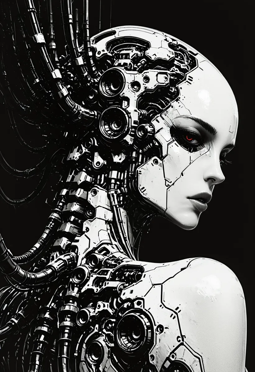 Close-up black and white sketch of a cyborg gynoid with intricate mechanical components and segmented face, looking back in a cyberpunk style.
