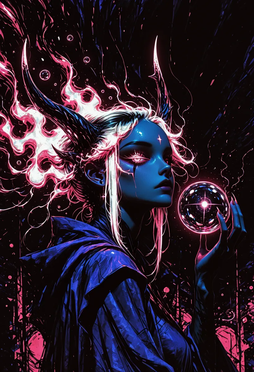 Portrait of a blue-skinned demon girl with large black horns emitting glowing white flames, white and black multicolored hair, heterochromia eyes glowing neon pink, wearing a purple robe, holding a floating orb emitting radiant pink light in a dark abstract background.