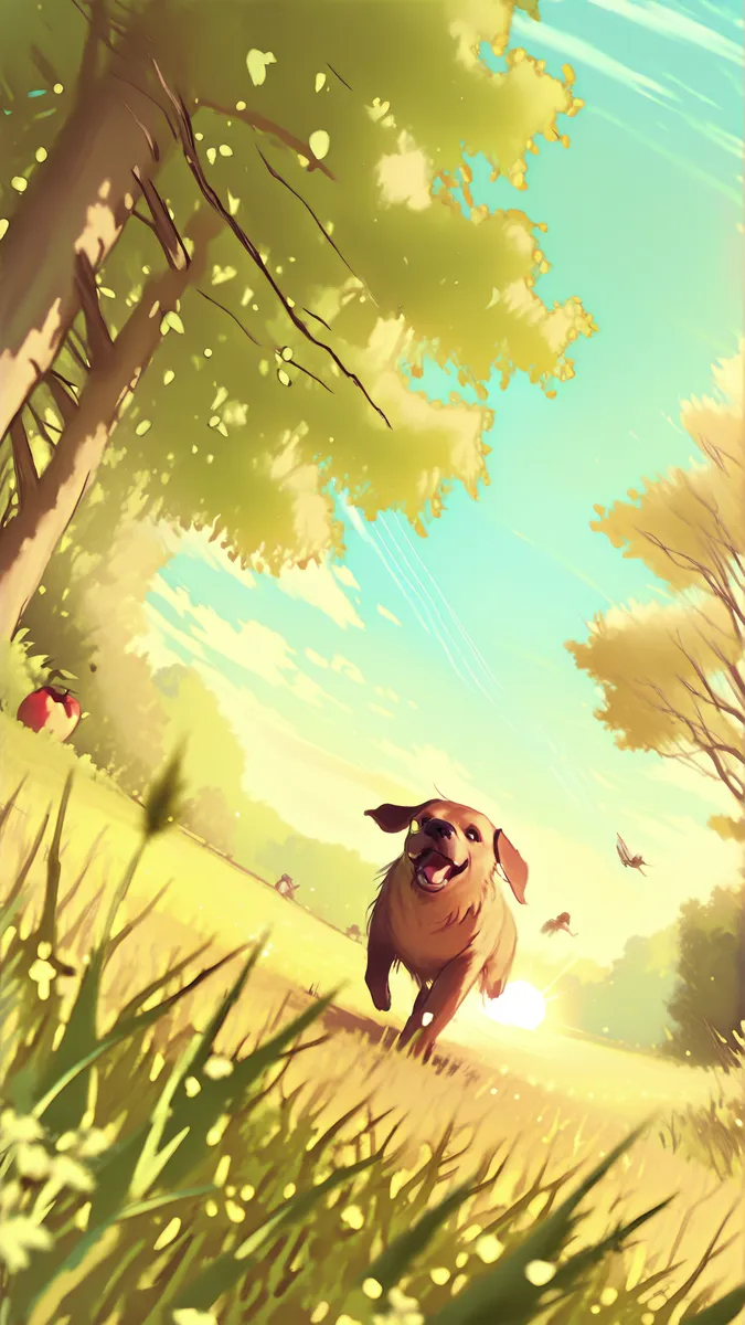 A happy dog running through a sunlit grassy field with an apple tree on the left and a bright sky with contrails.