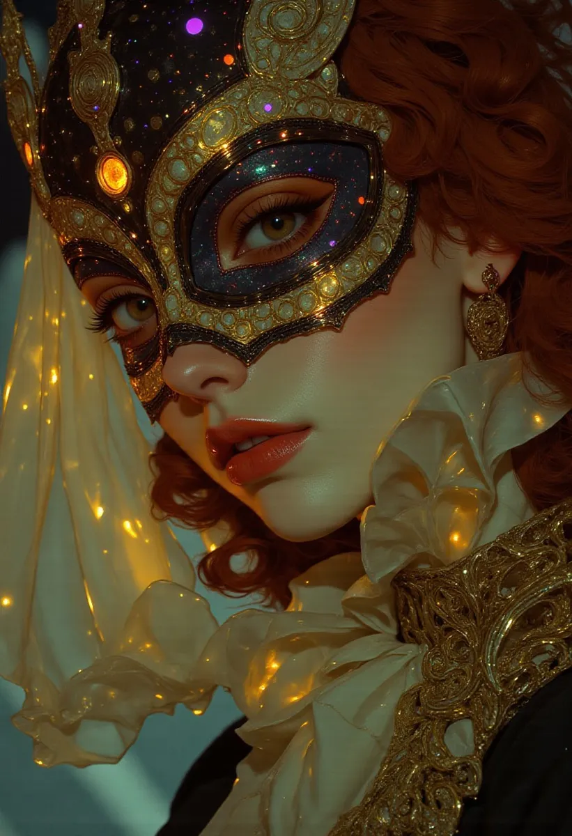 Close-up portrait of a woman with flawless porcelain skin and striking red hair, wearing an ornate jester mask with golden details and glowing lights, bathed in warm sunset lighting.