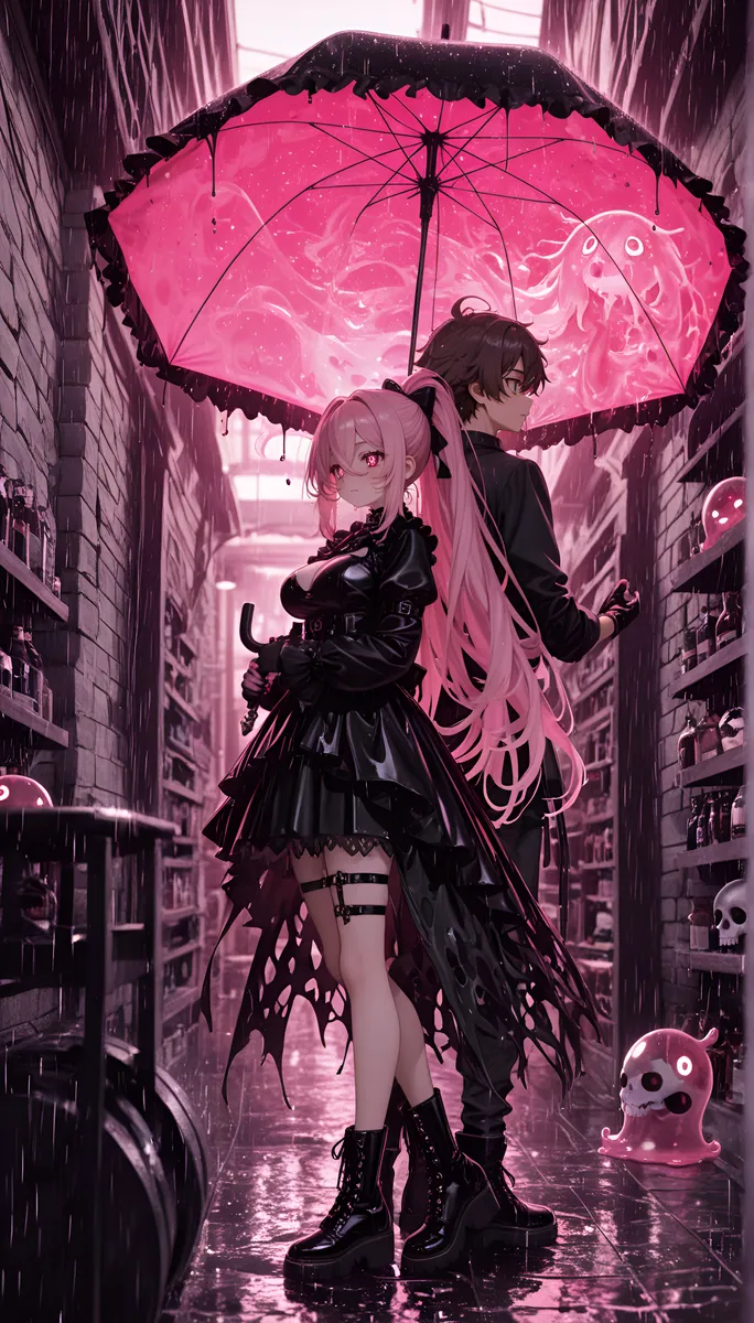 A gothic lolita girl and a boy stand back-to-back under a glowing pink umbrella in a rainy cellar alley, surrounded by slime creatures and wine racks.